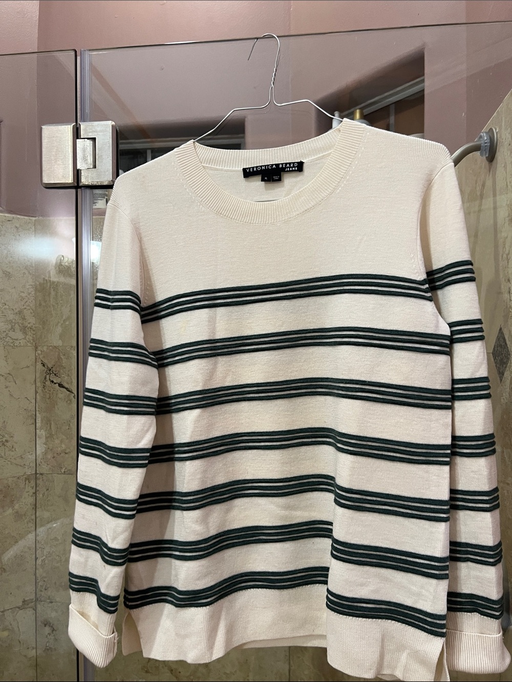 Veronica Beard Cream and Dark Green Striped Crewneck Sweater